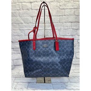 Coach City Reversible Tote with Pouch Navy Coach Print or Solid with Flag